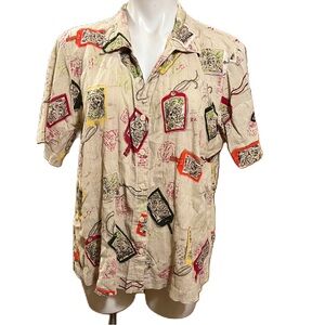 Vintage Erika multi-color lion leopard luggage tag print button up shirt